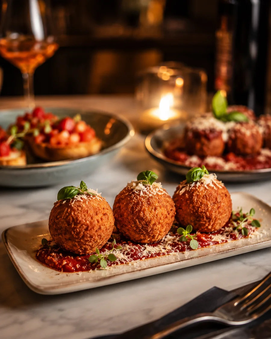 Arancini artesanales sobre salsa napolitana